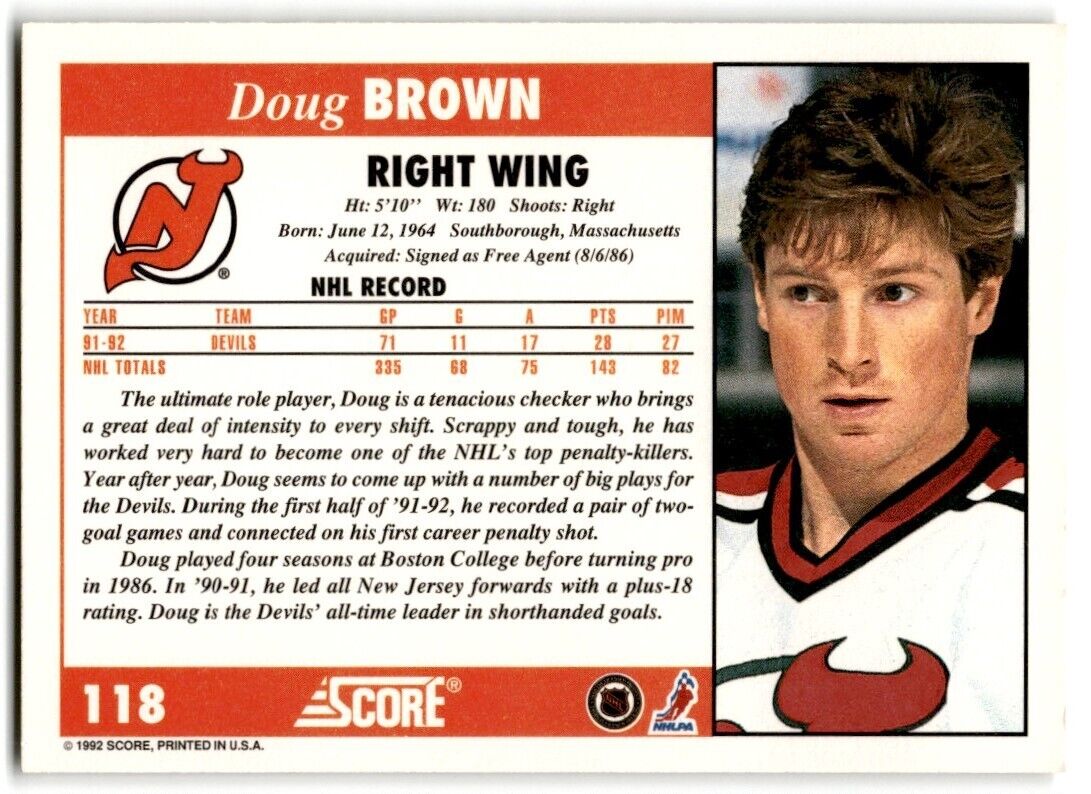 1992-93 Score Doug Brown New Jersey Devils #118