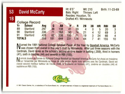 1991 Classic Draft Picks David McCarty Minnesota Twins #3