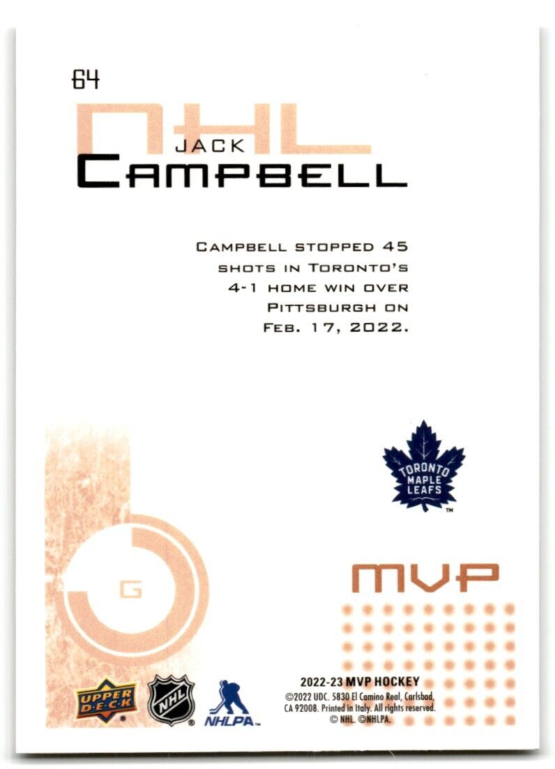 2022-23 Upper Deck MVP Jack Campbell Toronto Maple Leafs #64