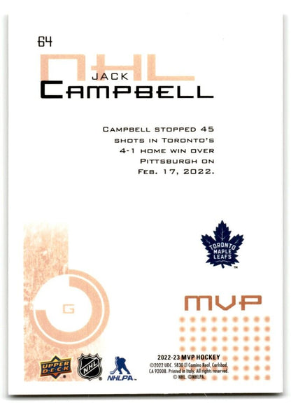 2022-23 Upper Deck MVP Jack Campbell Toronto Maple Leafs #64