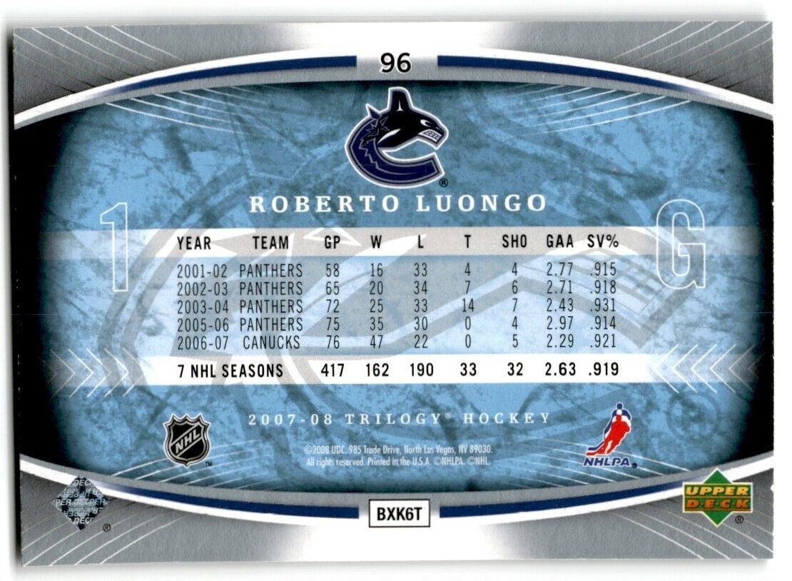 2007-08 Upper Deck Trilogy Roberto Luongo Vancouver Canucks #96