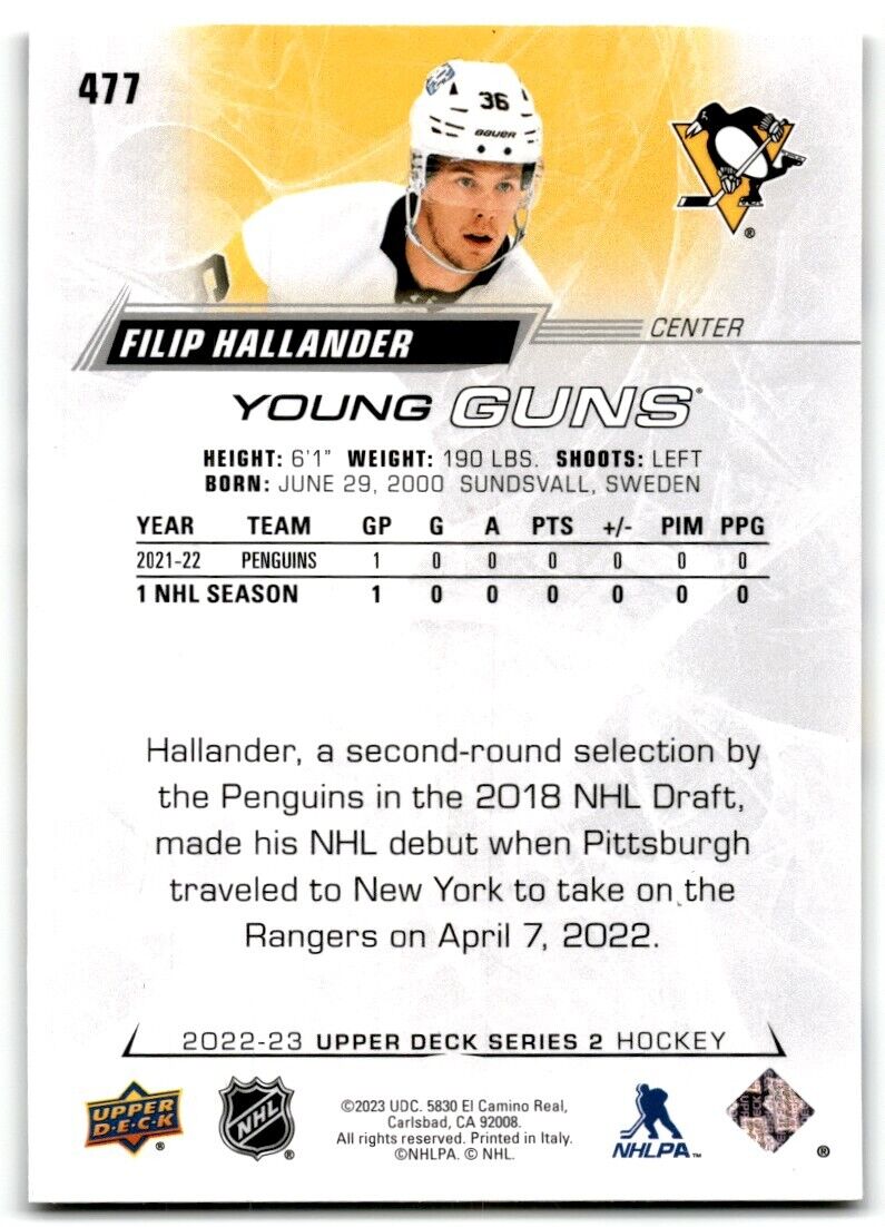 2022-23 Upper Deck Young Guns Filip Hallander Rookie Pittsburgh Penguins #477