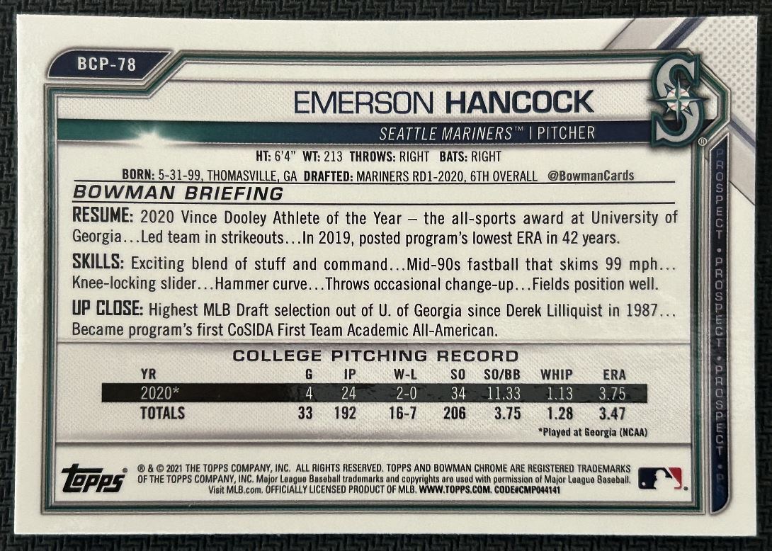 2021 Bowman Chrome Prospects Emerson Hancock Seattle Mariners #BCP-78