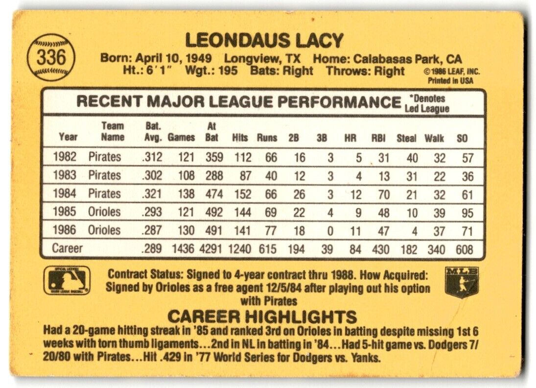 1987 Donruss Lee Lacy Baltimore Orioles #336