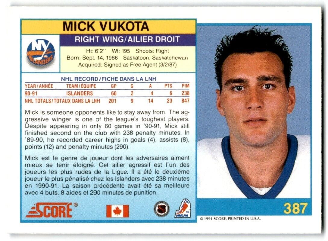 1991-92 Score Canadian English Mick Vukota New York Islanders #387