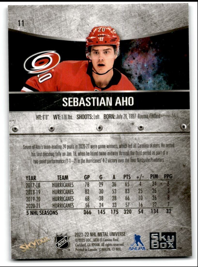 2021-22 Skybox Metal Universe Sebastian Aho Carolina Hurricanes #11