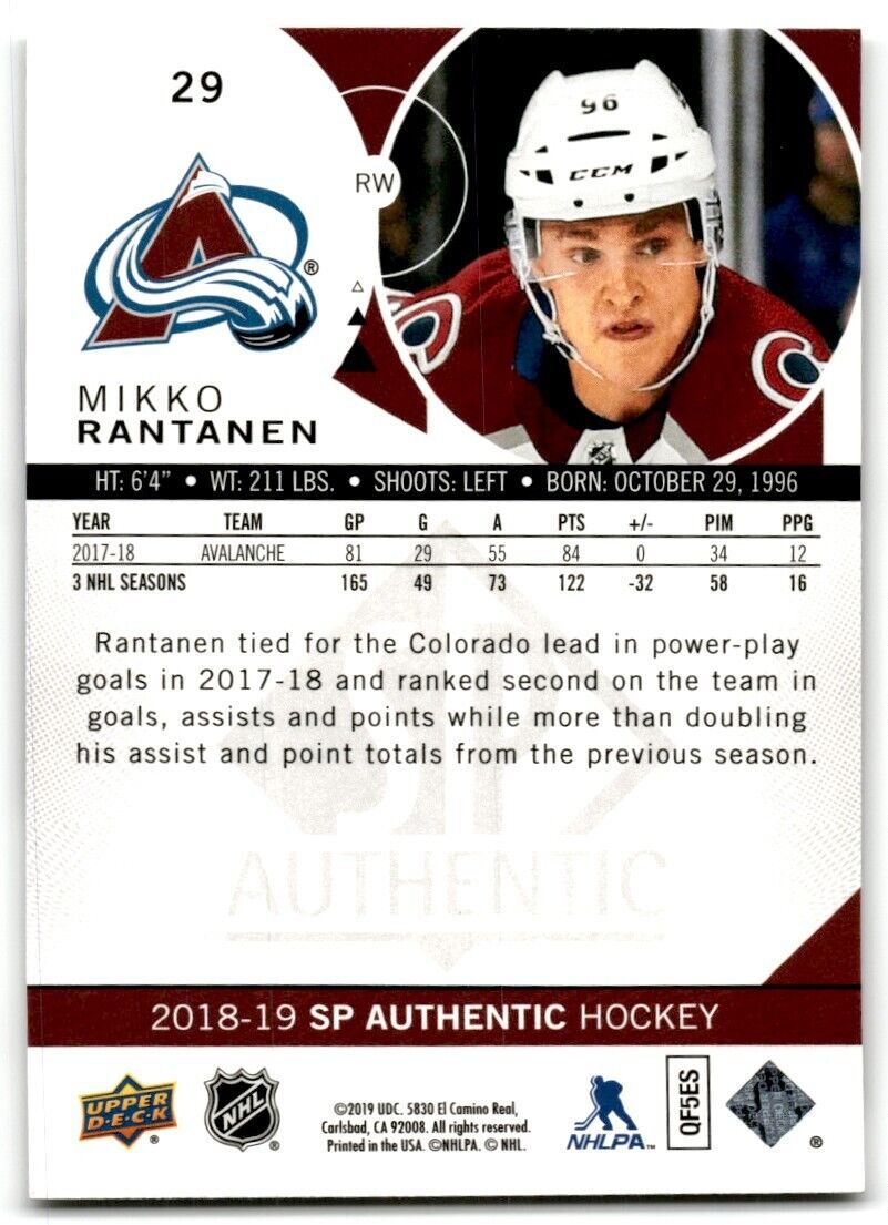 2018-19 SP Authentic Mikko Rantanen Colorado Avalanche #29