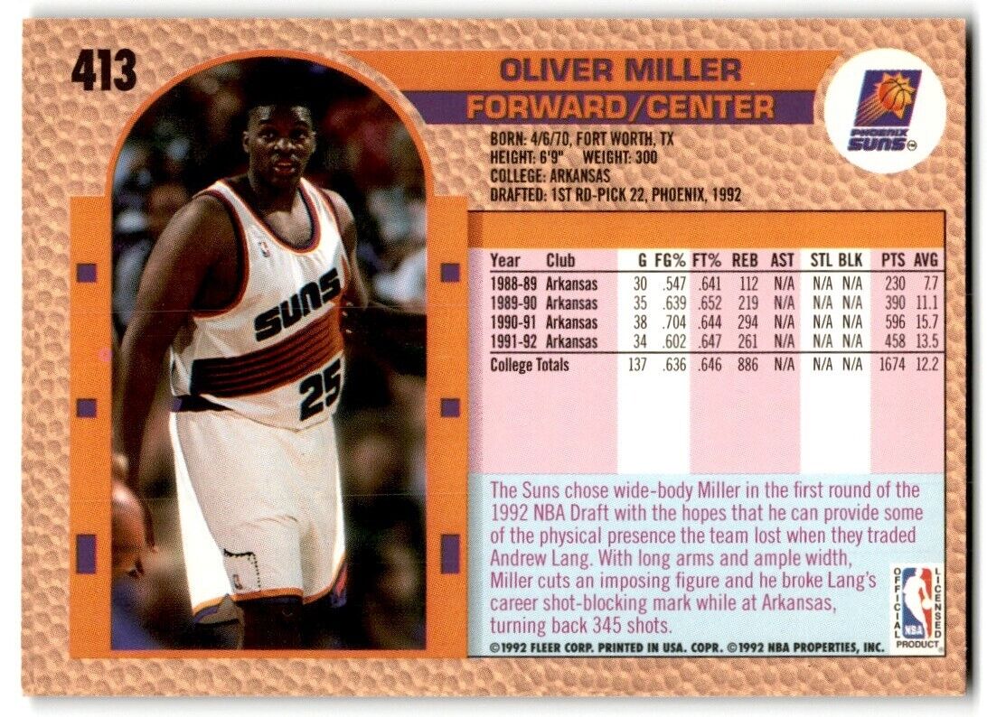 1992-93 Fleer Oliver Miller Rookie Phoenix Suns #413