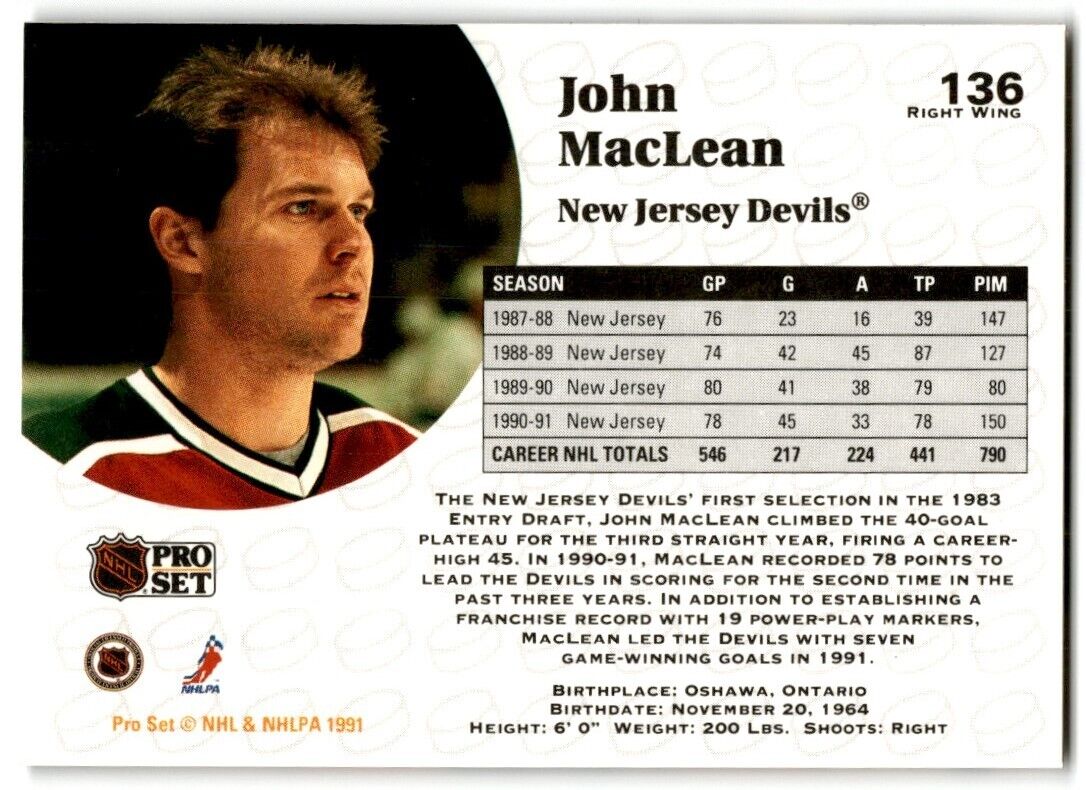 1991-92 Pro Set John MacLean New Jersey Devils #136