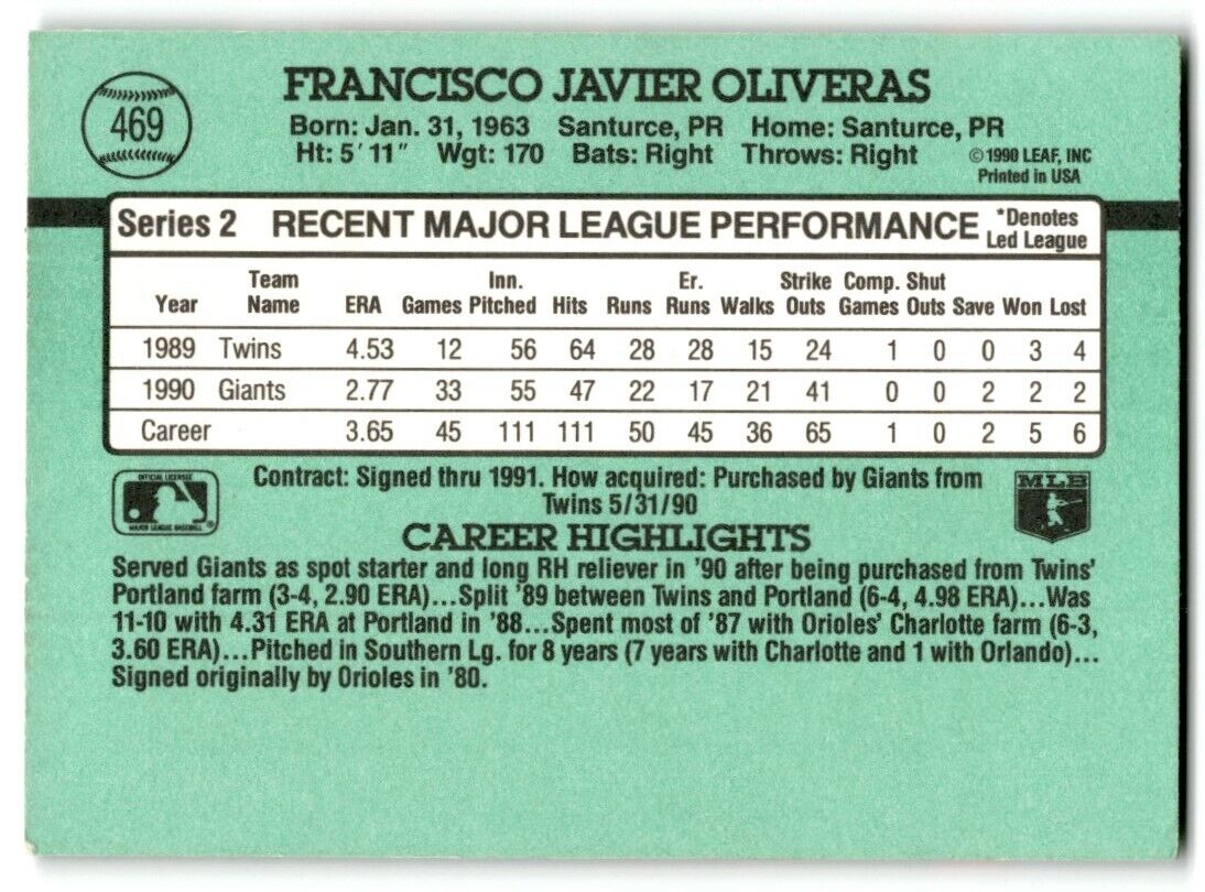 1991 Donruss Francisco Oliveras San Francisco Giants #469