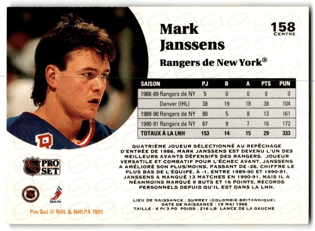 1991-92 Pro Set Mark Janssens New York Rangers #158