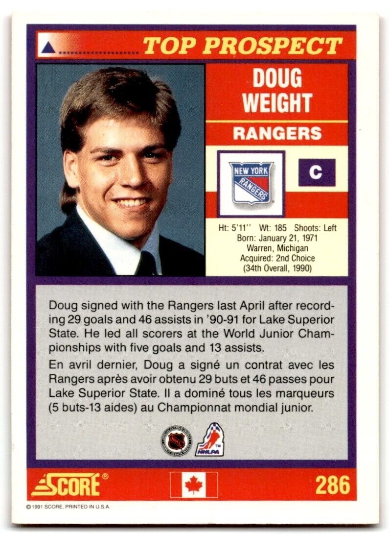 1991-92 Score Canadian Doug Weight Rookie New York Rangers #286