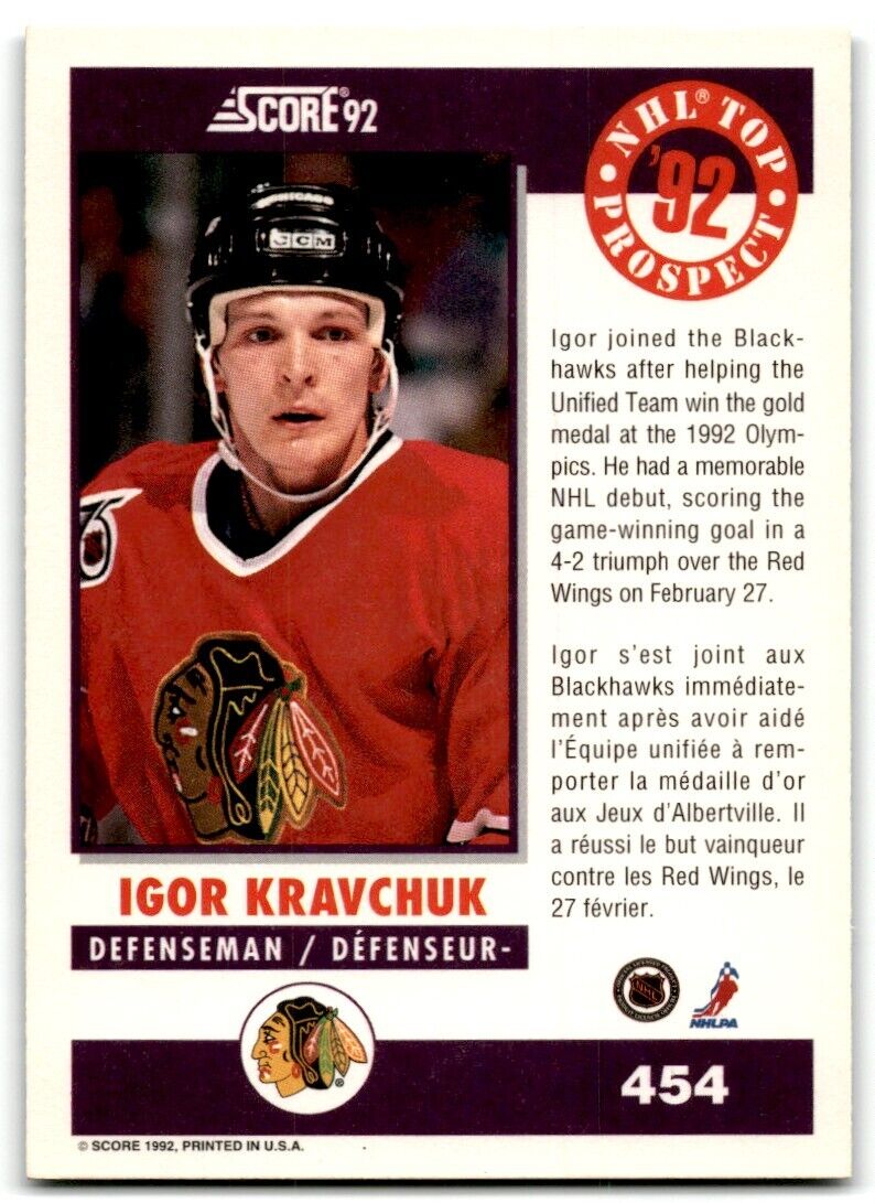 1992-93 Score Canadian Igor Kravchuk Chicago Blackhawks #454