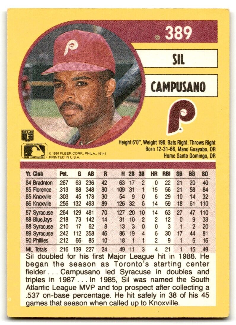 1991 Fleer Sil Campusano Philadelphia Phillies #389