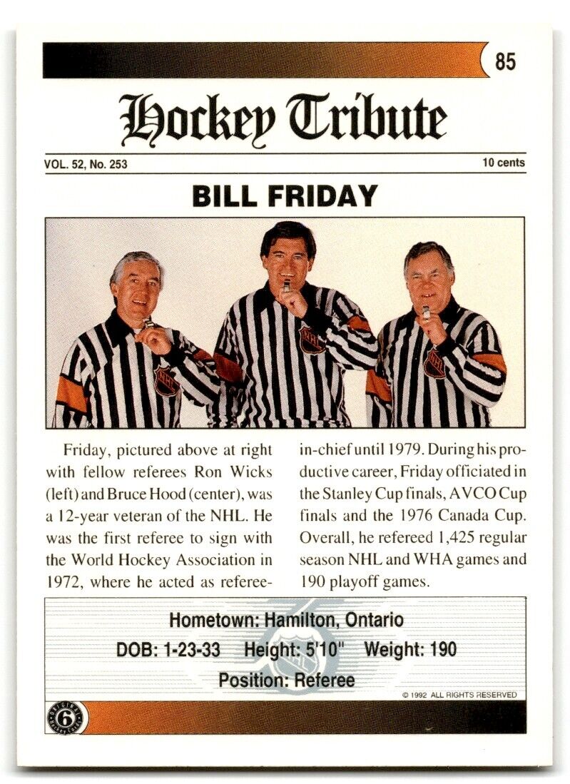 1991-92 Ultimate Original 6 Bill Friday #85