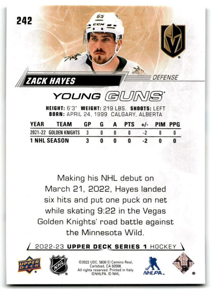 2022-23 Upper Deck Young Guns Zack Hayes Rookie Vegas Golden Knights #242