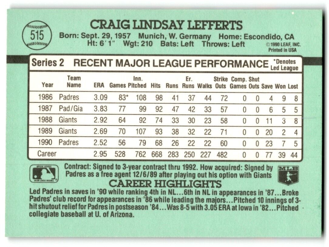 1991 Donruss Craig Lefferts San Diego Padres #515