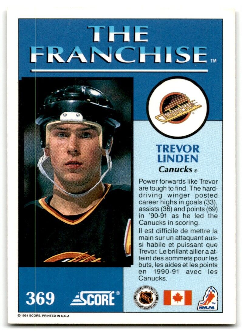 1991-92 Score Canadian English Trevor Linden Vancouver Canucks #369