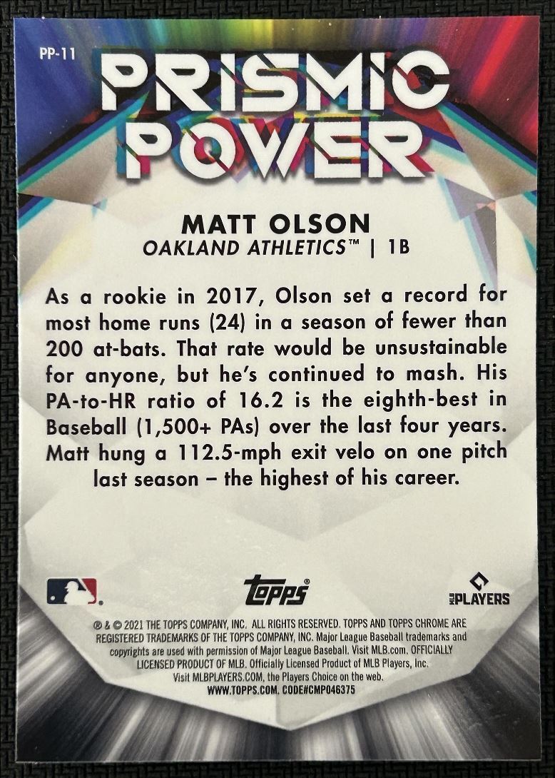 2021 Topps Chrome Prismic Power Matt Olson Oakland Athletics #PP-11