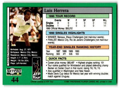 1991 Protennis player Cards Netpro Tour Star Luis Herrera #44