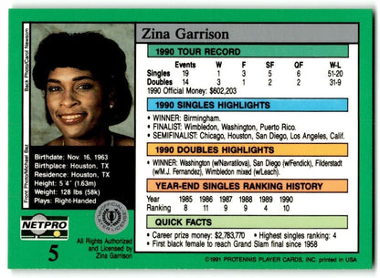 1991 Protennis player Cards Netpro Tour Star Zina Garrison Rookie #5