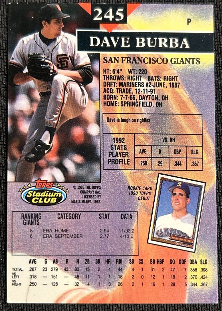 1993 Topps Stadium Club Dave Burba San Francisco Giants #245