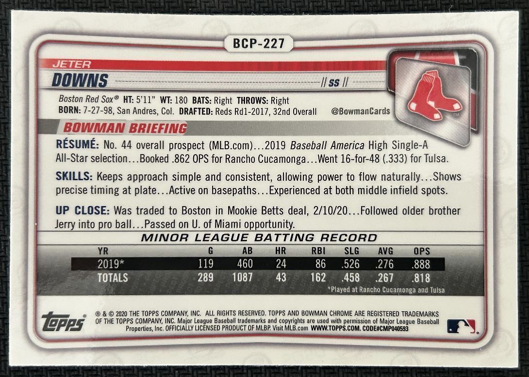 2020 Bowman Chrome Prospects Jeter Downs Boston Red Sox #BCP-227