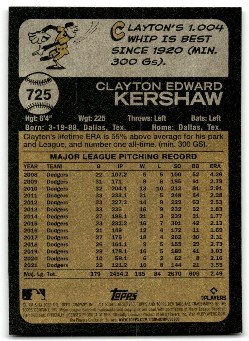 2022 Topps Heritage High Number Clayton Kershaw Los Angeles Dodgers #725