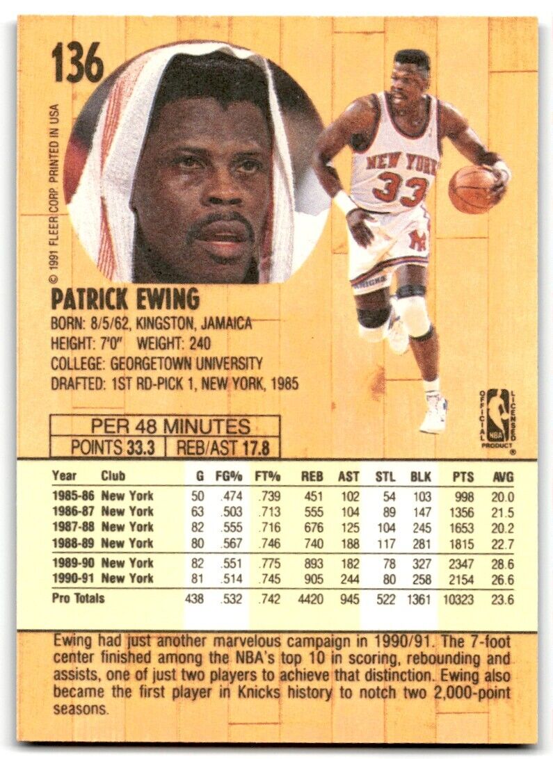 1991-92 Fleer Patrick Ewing New York Knicks #136