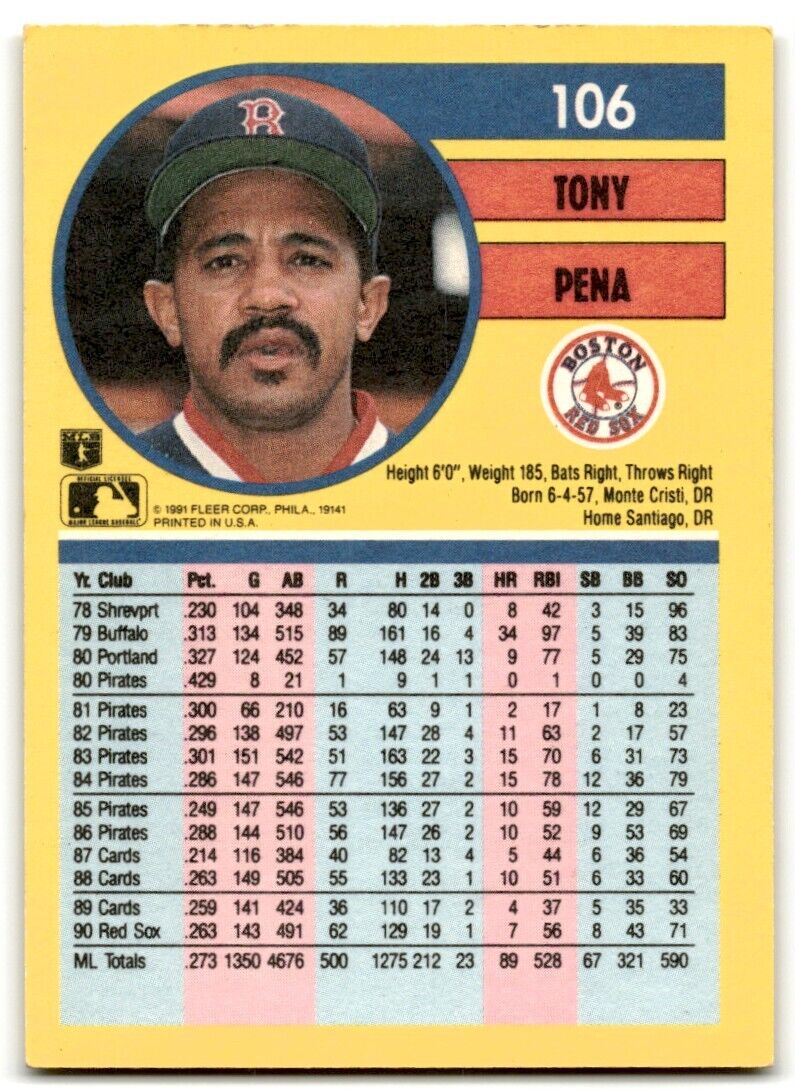 1991 Fleer Tony Pena Boston Red Sox #106