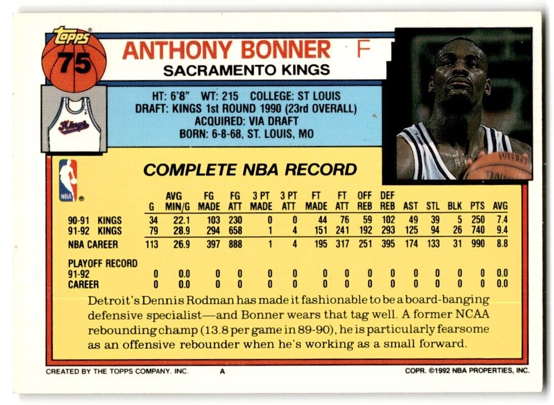 1992-93 Topps Anthony Bonner Sacramento Kings #75