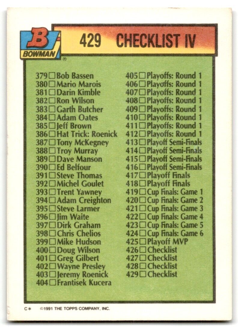 1991-92 Bowman Checklist #427