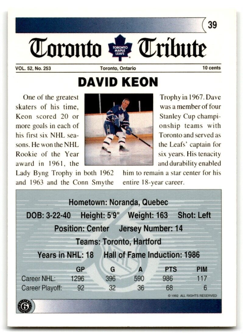 1991-92 Ultimate Original 6 David Keon Toronto Maple Leafs #39