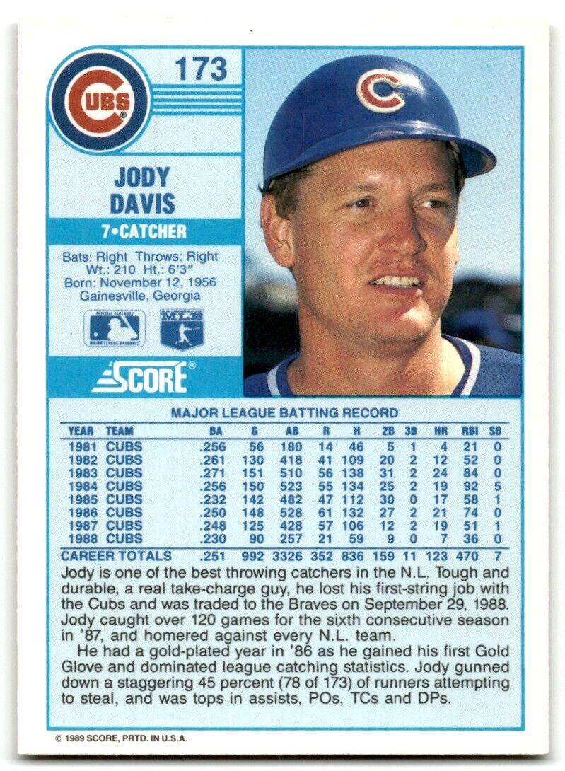 1989 Score Jody Davis Chicago Cubs #173