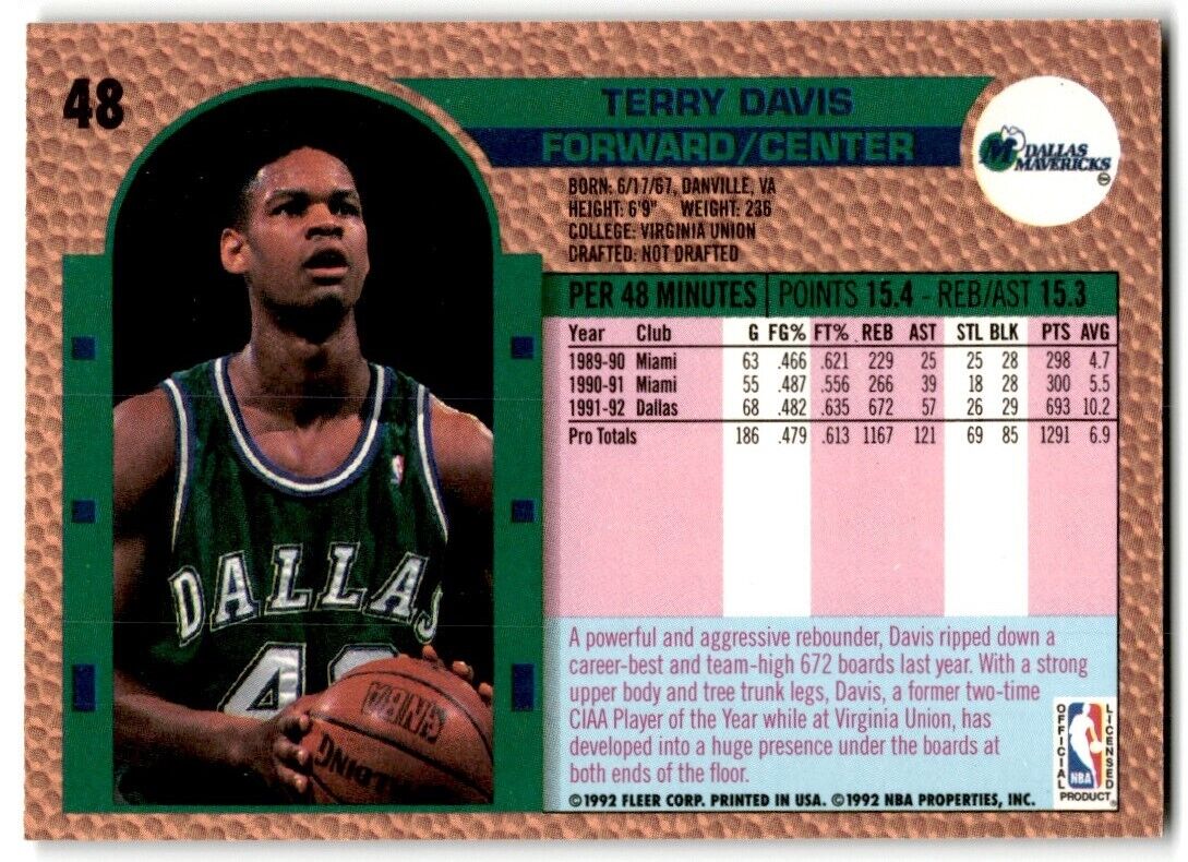 1992-93 Fleer Terry Davis Dallas Mavericks #48