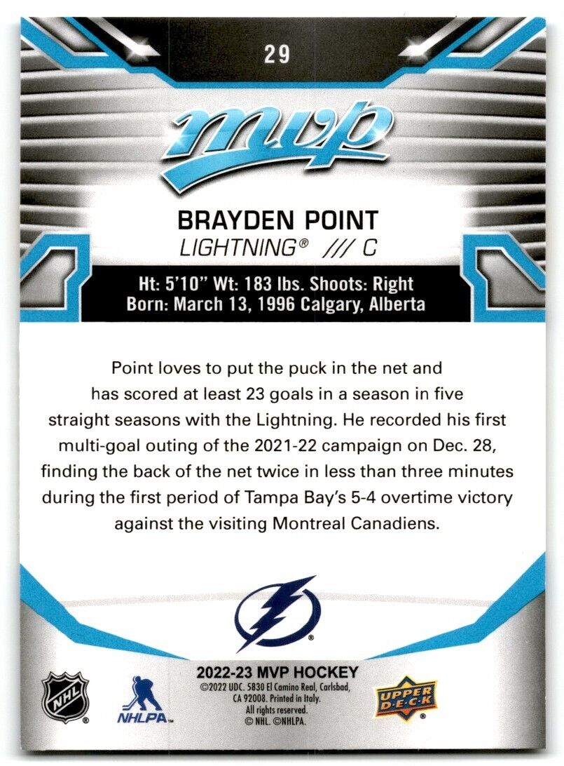 2022-23 Upper Deck MVP Brayden Point Tampa Bay Lightning #29