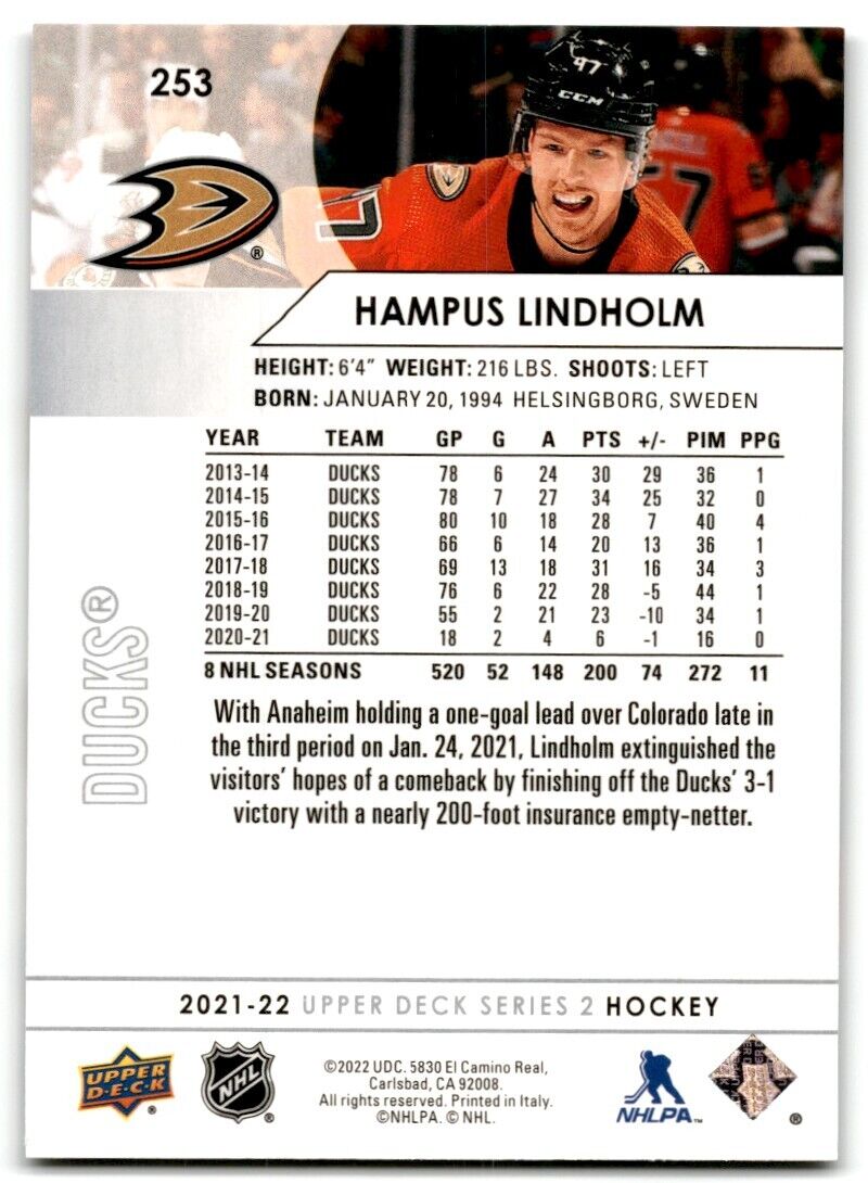 2021-22 Upper Deck Hampus Lindholm Anaheim Ducks #253