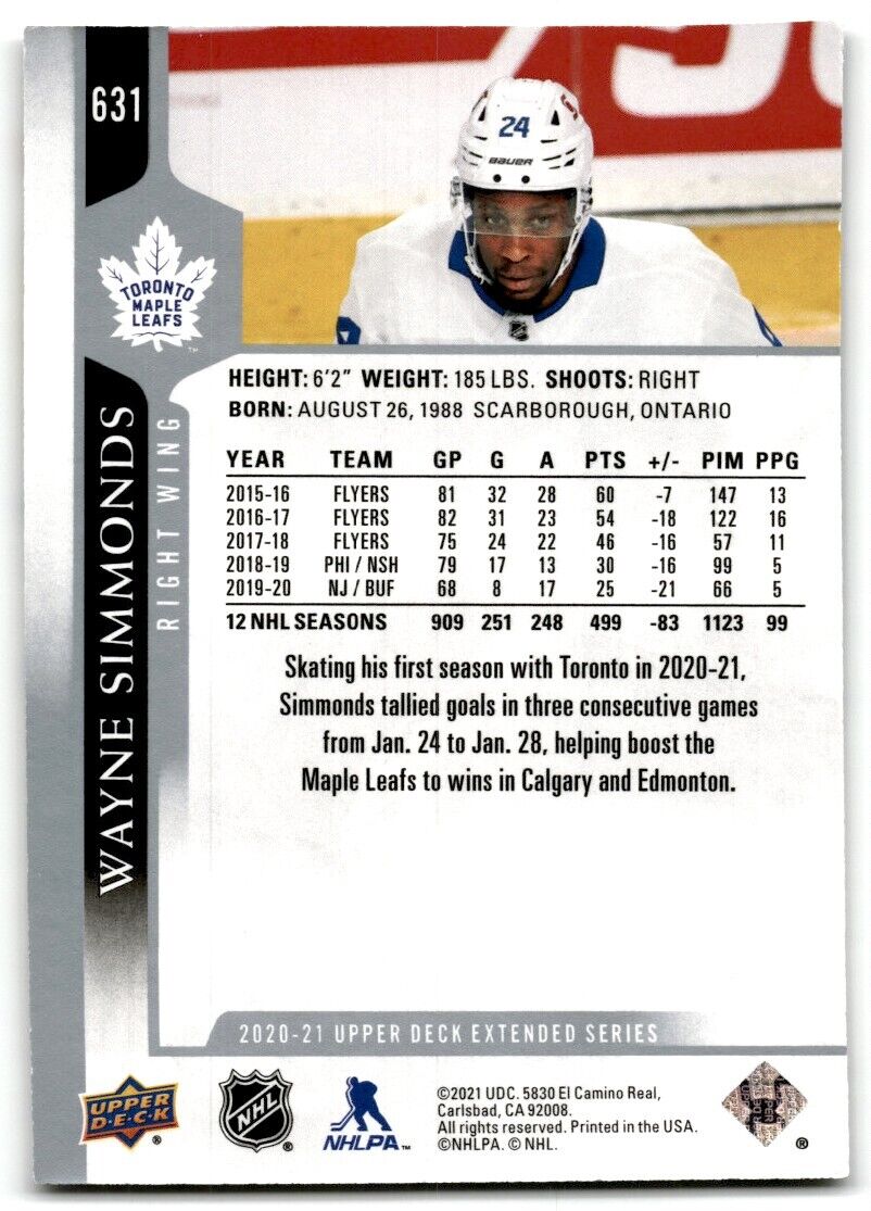 2020-21 Upper Deck Wayne Simmonds Toronto Maple Leafs #631