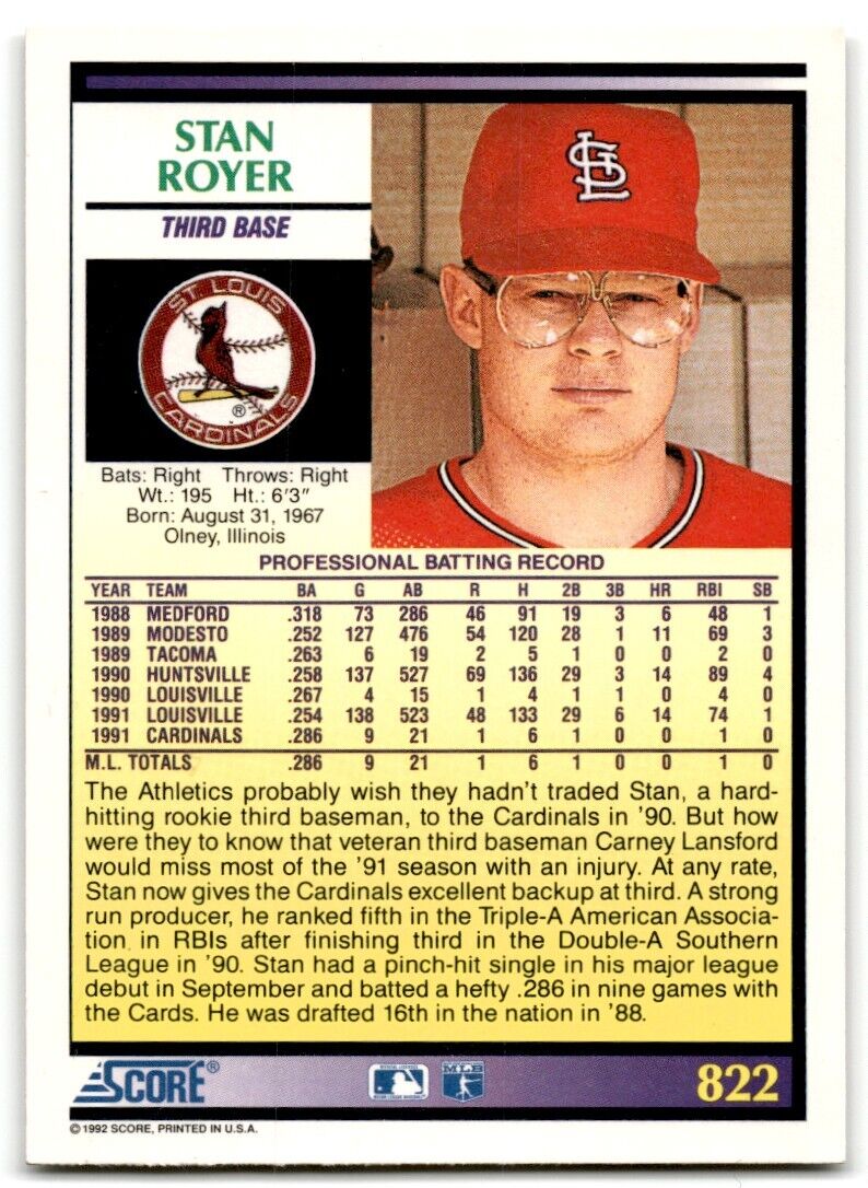 1992 Score Stan Royer St. Louis Cardinals #822