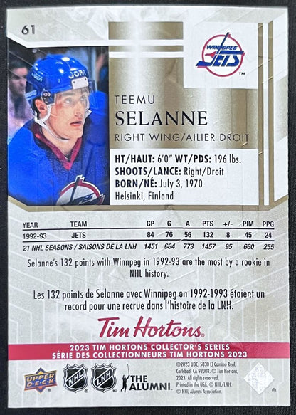 2023-24 Upper Deck Tim Hortons Legends Tim Horton Teemu Selanne Winnipeg Jets