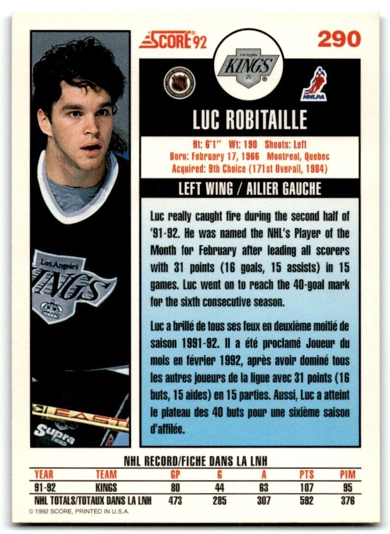 1992-93 Score Luc Robitaille Los Angeles Kings #290