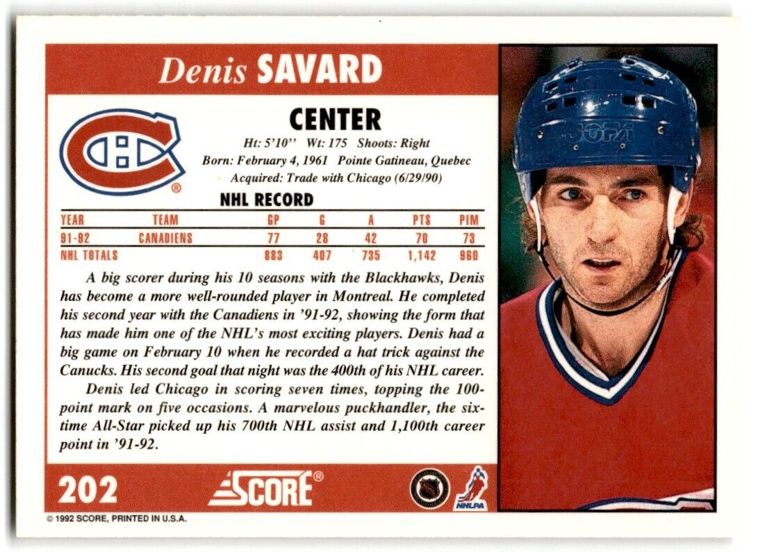 1992-93 Score Denis Savard Montreal Canadiens #202