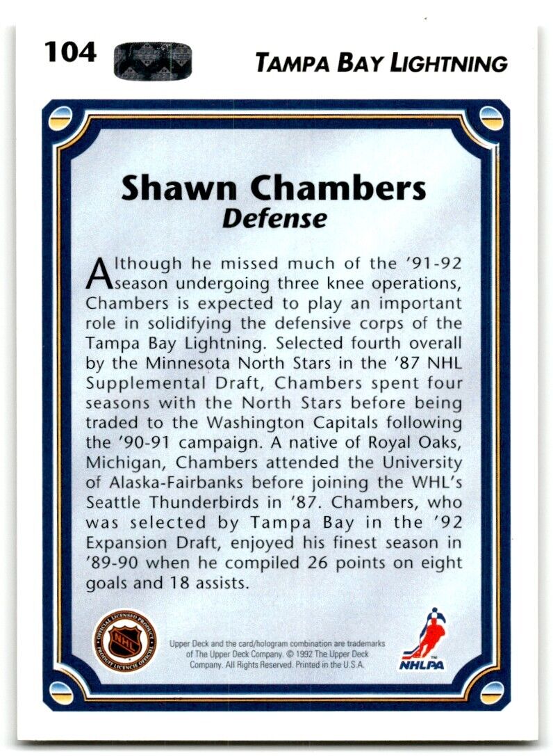 1992-93 Upper Deck Shawn Chambers Tampa Bay Lightning #104