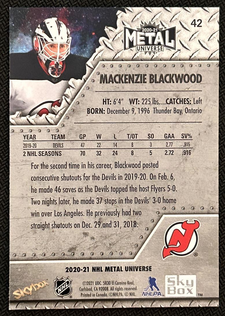 2020-21 Skybox Metal Universe Mackenzie Blackwood New Jersey Devils #42