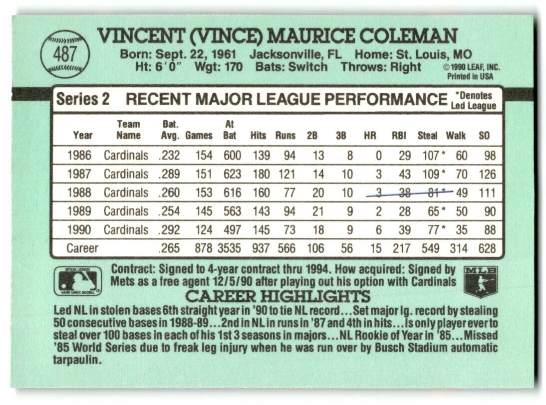 1991 Donruss Vince Coleman St. Louis Cardinals #487