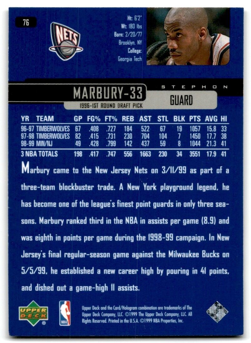 1999-00 Upper Deck Stephon Marbury New Jersey Nets #76