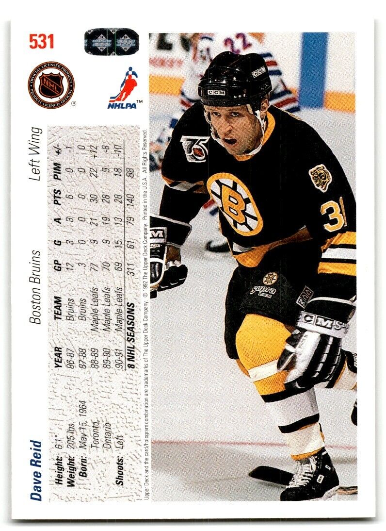 1991-92 Upper Deck Dave Reid Boston Bruins #531