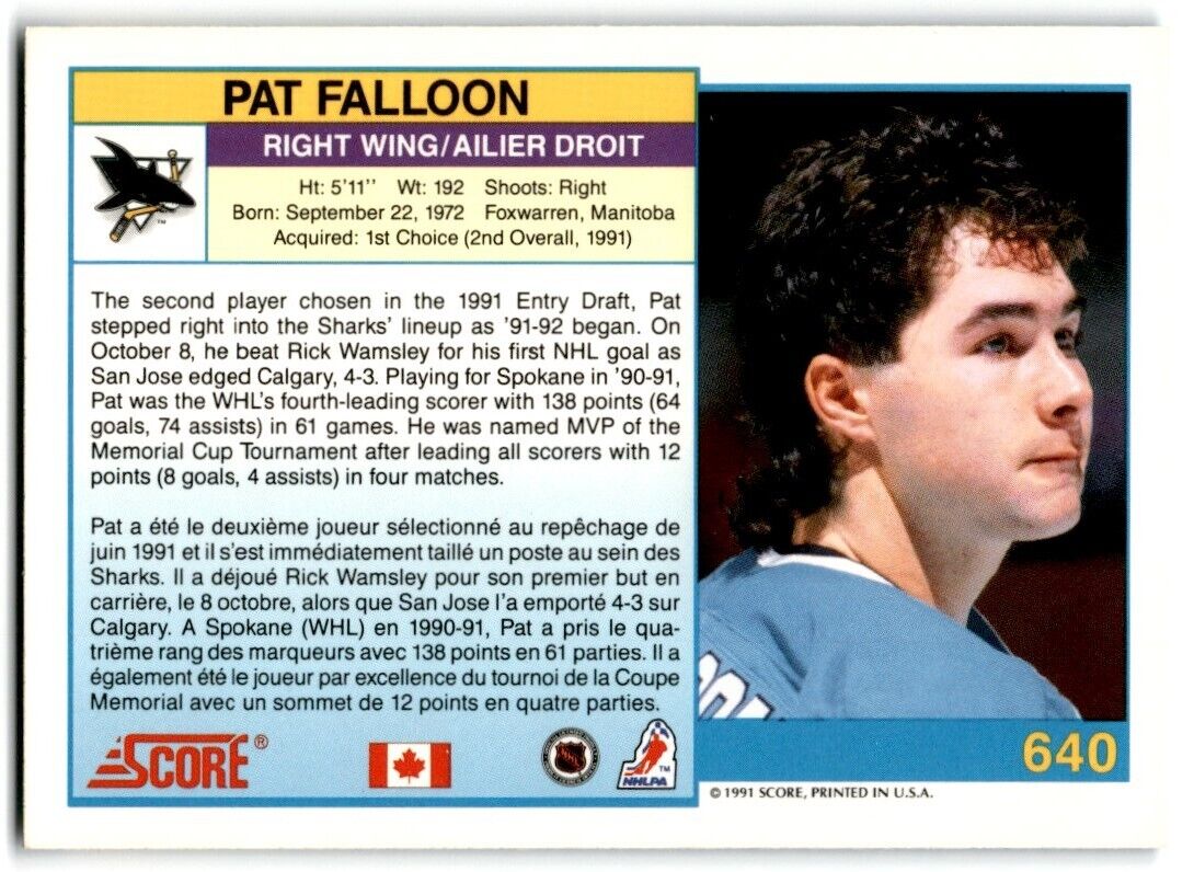 1991-92 Score Canadian Bilingual Pat Falloon San Jose Sharks #640