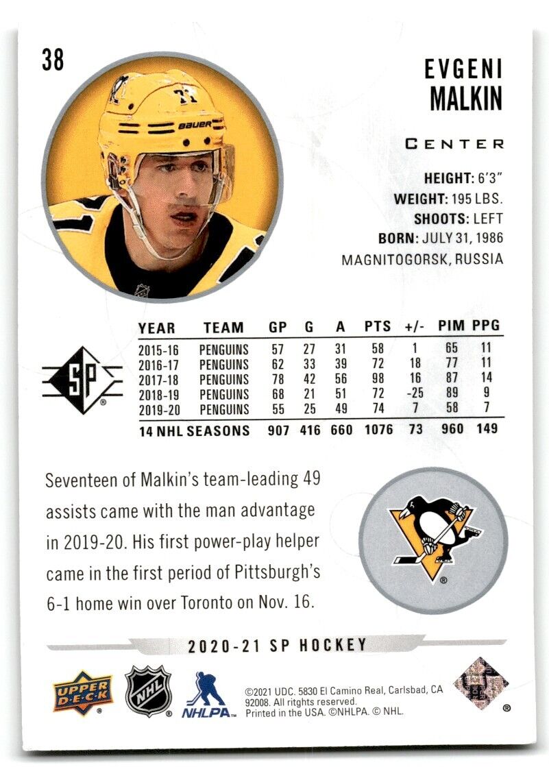 2020-21 SP Authentic Evgeni Malkin Pittsburgh Penguins #38