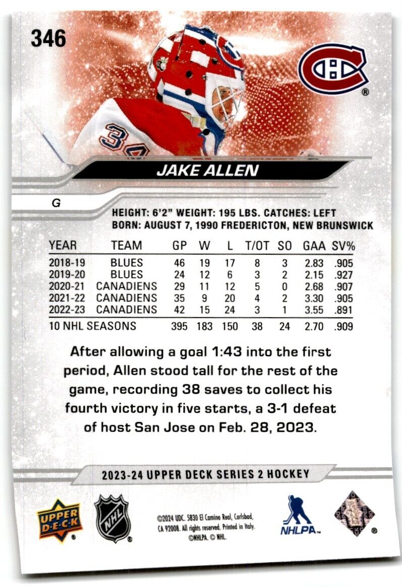 2023-24 Upper Deck Jake Allen Montreal Canadiens #346